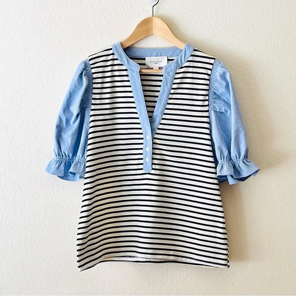NWOT Tuckernuck POMANDER PLACE Navy Stripe Livia Puff Sleeve Top Size: Large - Picture 3 of 14